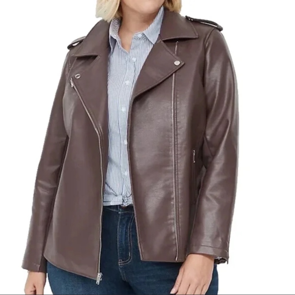 Lane Bryant Faux-Leather Moto Jacket Brown Mauve Sz 14/16 - Picture 2 of 9